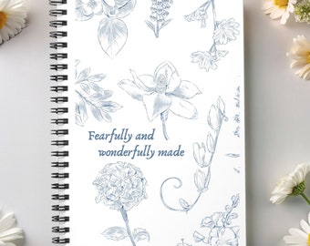 Fearfully and Wonderfully Made Spiral Notebook Blue Floral Outline Christian Journal Inspirational Gift for Her Planner