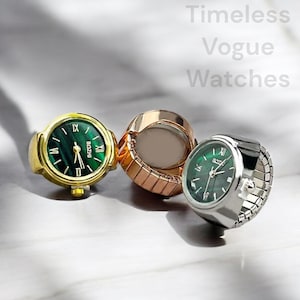 Elegante gouden groene wijzerplaat elegante ringhorloge – verstelbaar verzilverd en verguld damesvingerhorloge – retrostijl uniek sieraad.