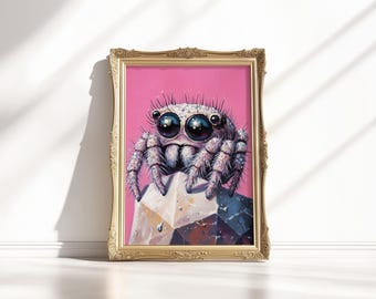 Puede incluir: Una pintura enmarcada de una araña saltarina rosa con grandes ojos azules, posada sobre una roca de cristal blanco sobre un fondo rosa.