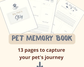 May include: A printable pet memory book with a blue and white design. The cover features a paw print and the text "My Pet's Story". The book includes 13 pages to capture your pet's journey. The text "PET MEMORY BOOK" is in a blue banner at the bottom of the image. The text "13 pages to capture your pet's journey" is below the banner. A download arrow is below the text. The text "@lifewithOscar" is at the bottom right corner of the image.