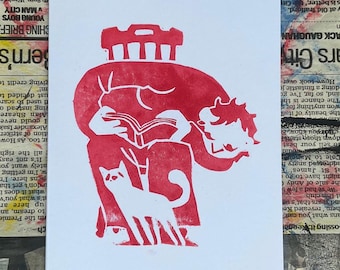 cat and reading | lino print | a6 greetings card