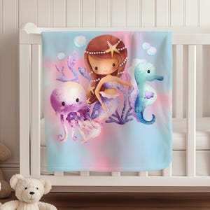Mermaid Baby Blanket, Underwater Ocean Design with Seahorse & Jellyfish, Baby Girl Birthday Gift, Mermaid Theme Nursery, Baby Shower Gift