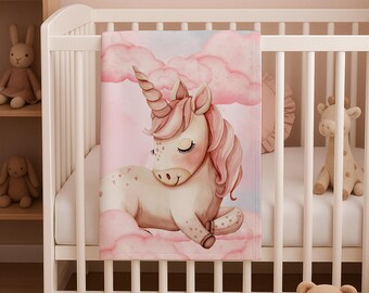 Pink Unicorn Baby Blanket, Soft Blanket with Sleeping Unicorn & Clouds, Baby Shower and Birthday Gift for Baby Girl, Unicorn Theme Nursery