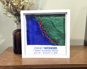Personalized Topographic Map Travel Keepsake - Custom 3D Printed Route Map Shadow Box - Disney Cruise Vacation Memory Gift or Keepsake
