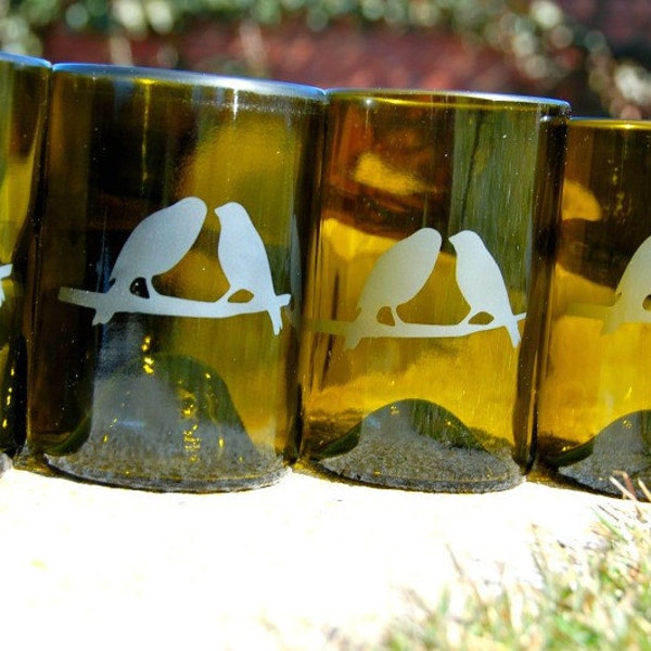 Set of Four -Birds on a Branch- Recycled Wine Bottle Tumblers