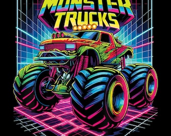 Koszulka z neonowym Monster Truckiem w formacie PNG | Grafika w stylu retro lat 80. | Wyścigi i Monster Truck w wersji cyfrowej do pobrania