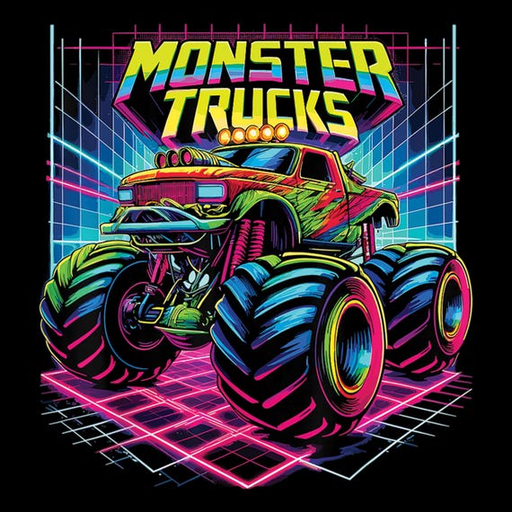 Neon Monster Truck T-Shirt Design PNG | Retro 80s Style Graphic | Racing & Monster Truck Digital Download
