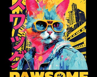 Cyberpunk Cat T-Shirt PNG, Pawsome Neon Streetwear Design, Vaporwave Anime Aesthetic, Digital Download, Retro Futuristic Printable Tee