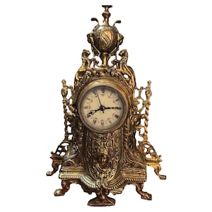 Antique French Brass Mantel Clock – Working Vintage Rococo Table Clock – Ornate Baroque Gilded Home Decor – Collectible Old Clock Gift