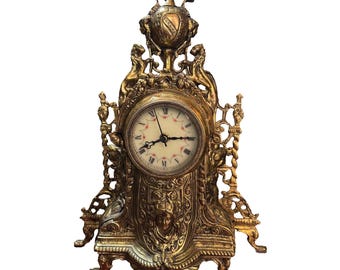 Antique French Brass Mantel Clock – Working Vintage Rococo Table Clock – Ornate Baroque Gilded Home Decor – Collectible Old Clock Gift