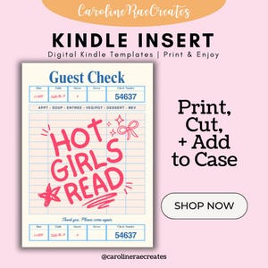 以下が含まれることがあります： Kindleインサート用の印刷可能なデジタルテンプレート。テンプレートは、ピンクと白のデザインで、「HOT GIRLS READ」というテキストとチェック番号フィールドがあります。