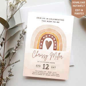Editable Boho Rainbow Boy Girl Baby Shower Invitation, Minimalist Rustic Boho Baby Shower Invite, Gender Neutral Baby Shower Invitation