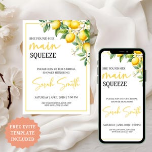 Modelo de convite para chá de panela com tema limão editável, tema Citrus Main Squeeze para chá de panela, Brunch móvel para chá de panela com tema limão e cítrico
