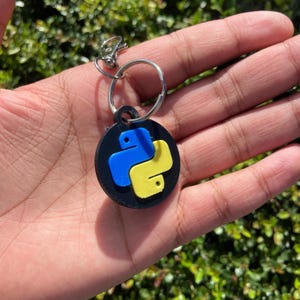 K&ouml;nnte beinhalten: Ein schwarzer runder Schl&uuml;sselanh&auml;nger mit einem silbernen Schl&uuml;sselring. Der Schl&uuml;sselanh&auml;nger zeigt ein blaues und gelbes Python-Logo. Der Hintergrund ist eine verschwommene Ansicht von gr&uuml;nem Laub.
