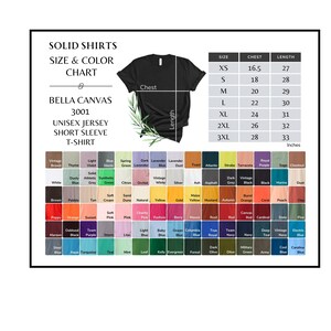 May include: A size and color chart for Bella Canvas 3001 unisex jersey short sleeve t-shirts. The chart shows sizes XS to 3XL with corresponding chest and length measurements in inches. A black t-shirt is shown with the words "Chest" and "Length" labeled.