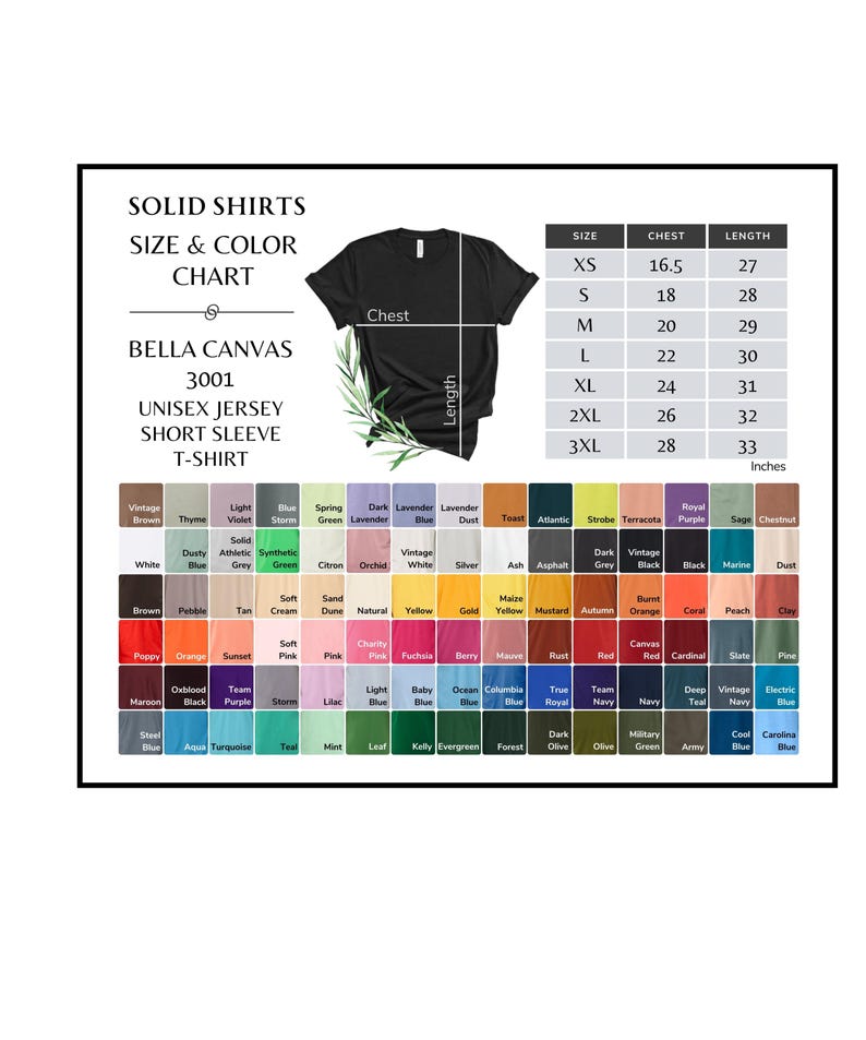 May include: A size and color chart for Bella Canvas 3001 unisex jersey short sleeve t-shirts. The chart shows sizes XS to 3XL with corresponding chest and length measurements in inches. A black t-shirt is shown with the words "Chest" and "Length" labeled.