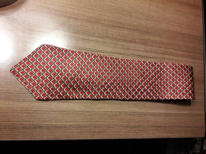 Etienne Aigner red silk tie with dark navy blue and white graphic retro window pane design 57 long necktie