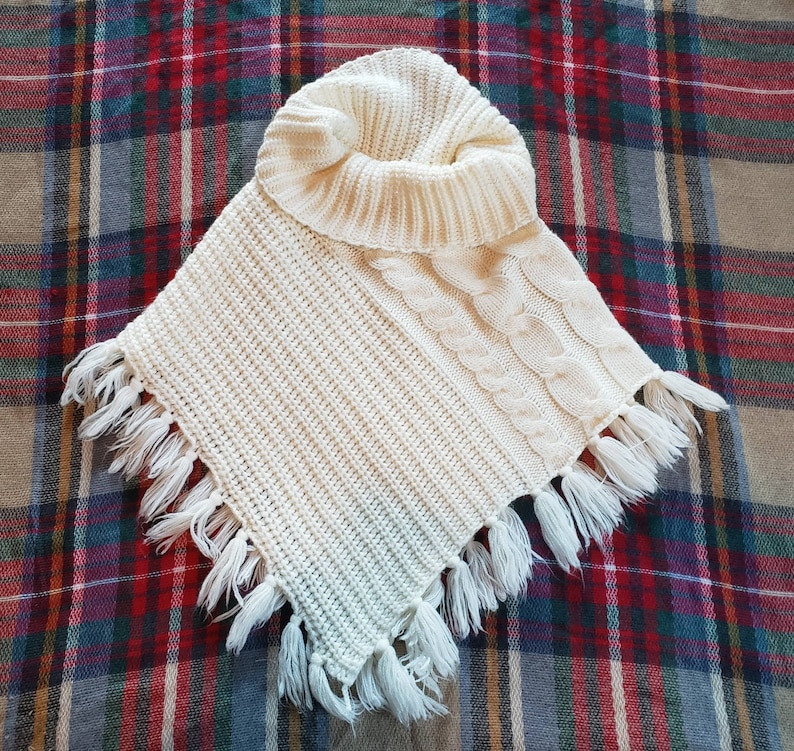 Cream cowl neck collar scarf knitted pullover shawl with fringe 25 wide laid flat