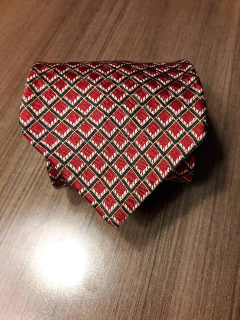 Etienne Aigner red silk tie with dark navy blue and white graphic retro window pane design 57 long necktie