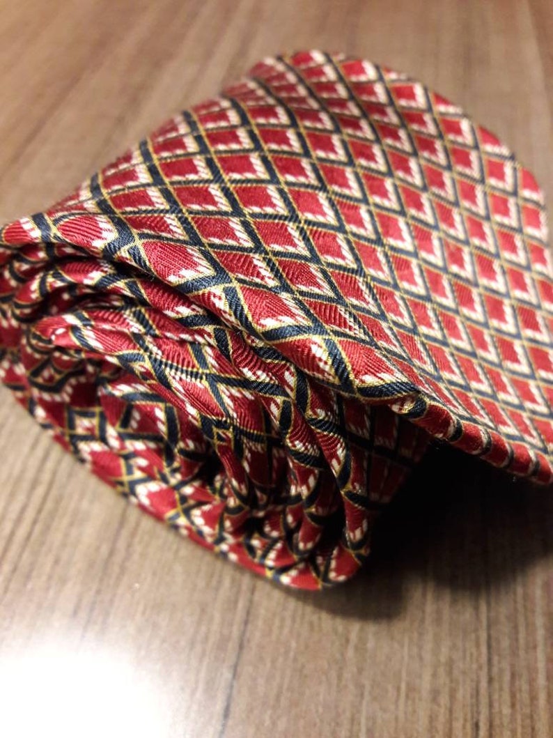 Etienne Aigner red silk tie with dark navy blue and white graphic retro window pane design 57 long necktie