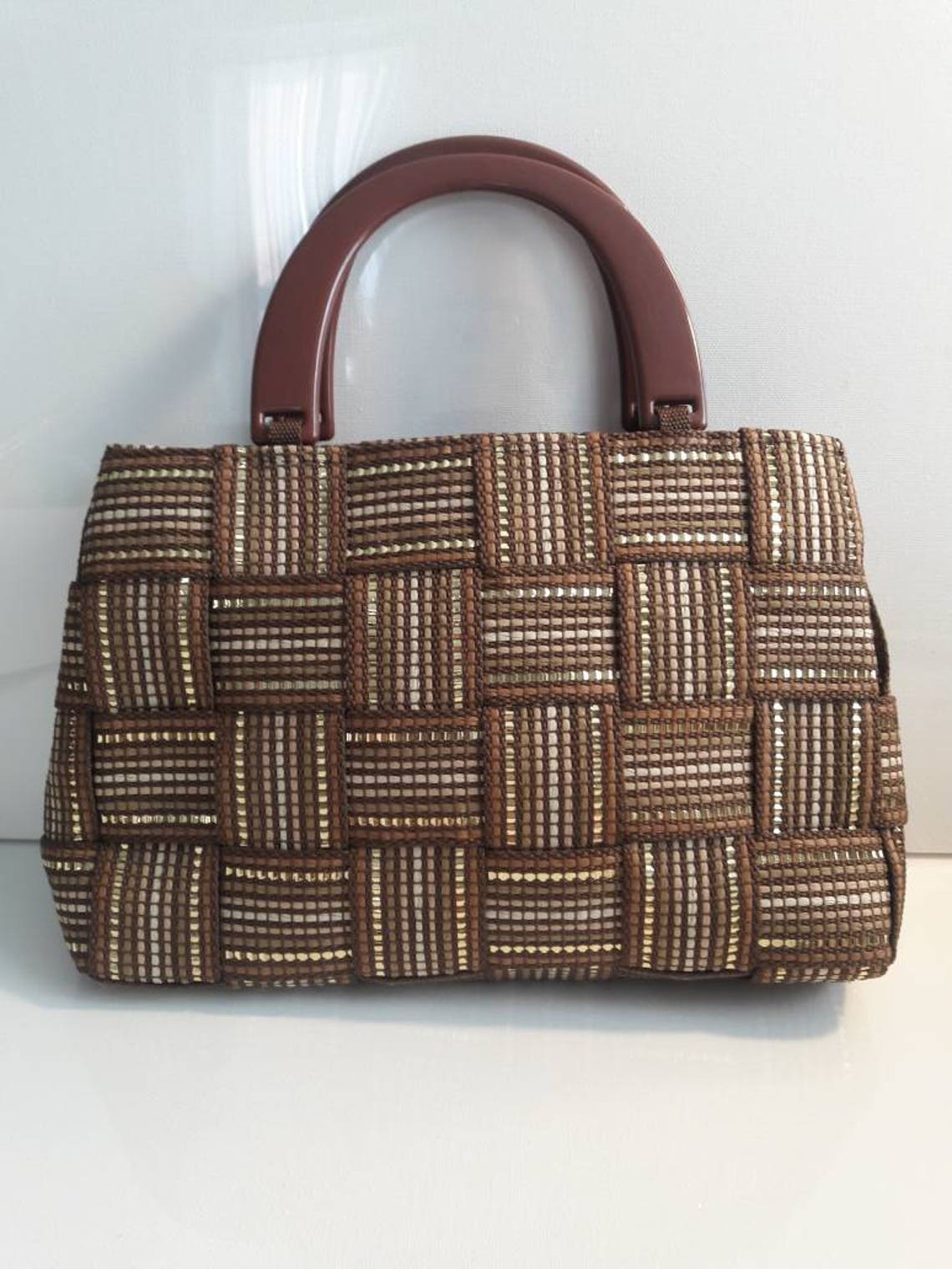 Italian basket weave top handle purse retro vintage brown tan Etsy