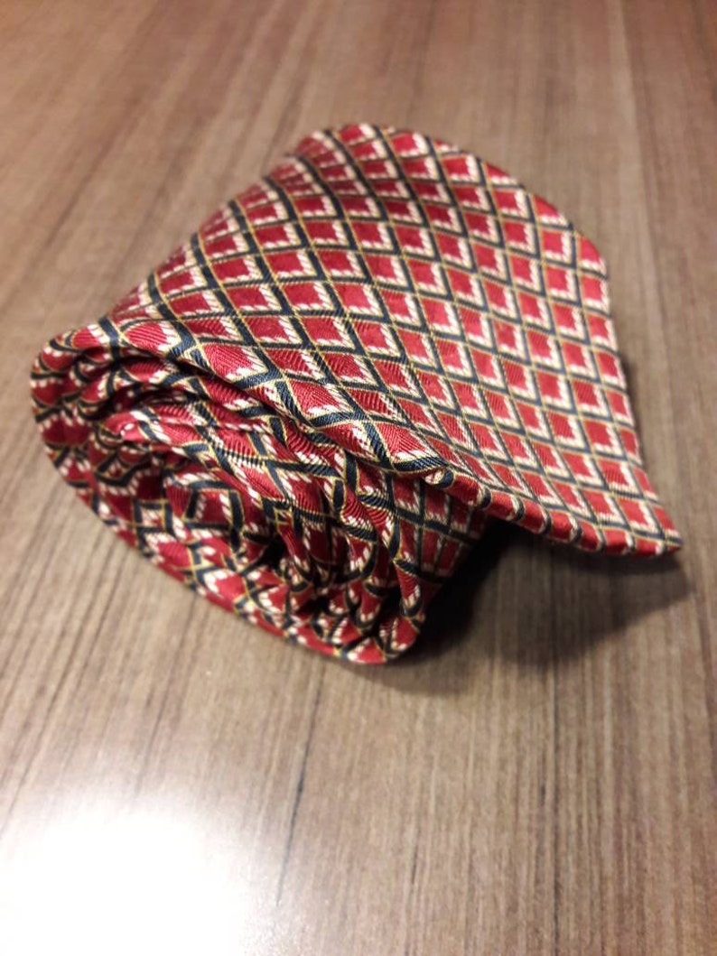 Etienne Aigner red silk tie with dark navy blue and white graphic retro window pane design 57 long necktie
