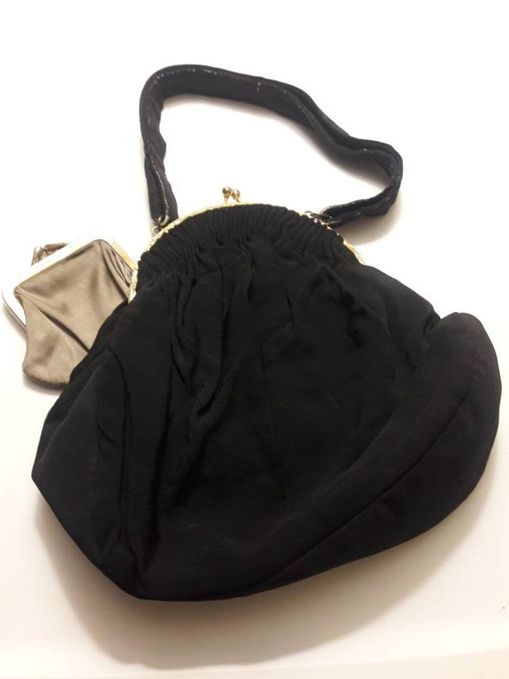 1940s Black Evening Bag Double Top Handles with Brass and Blue Stone Accents Opera Purse