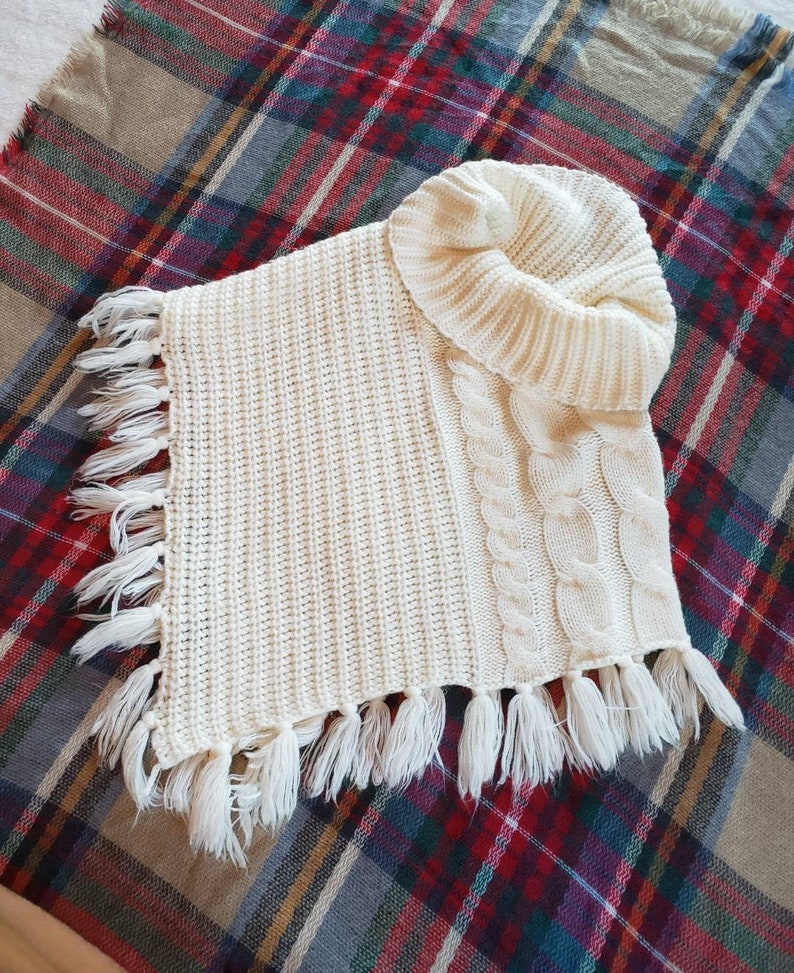 Cream cowl neck collar scarf knitted pullover shawl with fringe 25 wide laid flat