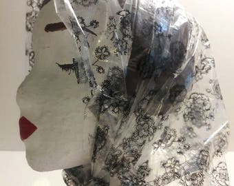 Clear Vintage Rain Hair Cover plastic with floral design in black 2 adjustable snaps with vinyl carrying case unusual
