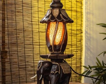 Carved Wooden Elephant Table Lamp – Handcrafted Boho Animal Lamp | Rustic Elephant Decor | Unique Wooden Elephant Nightstand Light
