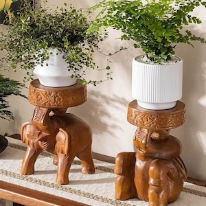 Soporte para plantas con forma de elefante tallado, soporte para plantas de madera, soporte para plantas de madera, planta de interior, elevador para plantas, soporte para plantas de interior, mesa para macetas, soporte para macetas
