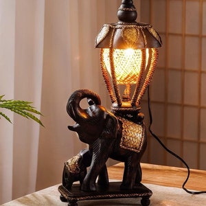 Carved lamp, home decoration, wooden tabletop lamp, elephant standing on lamp base, elephant-shaped decorative light, vintage lamp