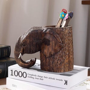 Wooden Elephant pen box, Wooden Pencil Holder, Rustic Desk Decor, Hygge Home Decor, Natural Wood Desk Organizer, Stationery box