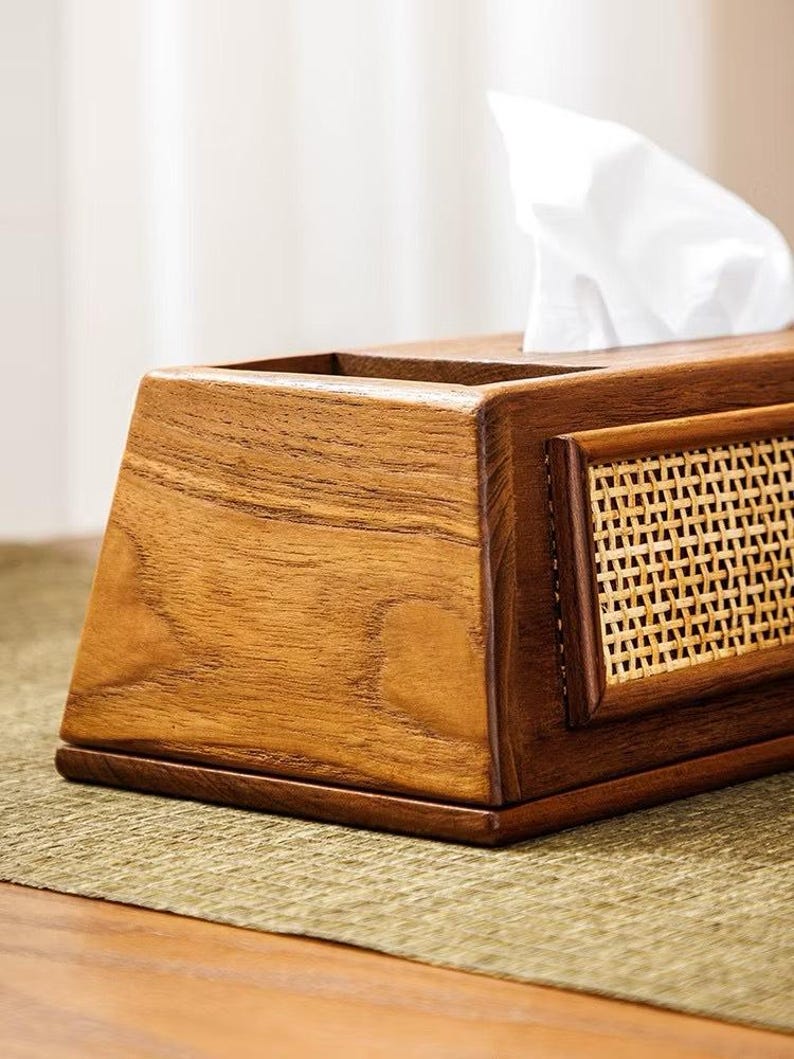 Teak Wood Tissue Box With Rattan Decoration, Handcrafted Wooden Tissue ...