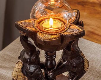 Handmade Wooden Elephant Candle Holder: Retro Home Decor