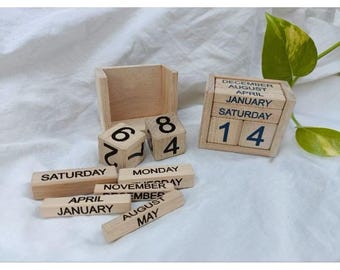 Calendario de madera, calendario permanente, calendario perpetuo de escritorio, calendario perpetuo con bloques de madera, regalo de Navidad, soporte de madera para calendario