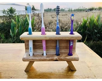 Rubberwood Toothbrush Holder | Minimalist Wooden Bathroom Organizer | Eco-Friendly Toothbrush Stand | Natural Wood Bathroom Decor