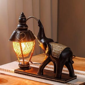 Wooden Carved elephant lamp | Wooden Elephant Table Lamp | Unique Elephant-Shaped Desk Lamp | Handcrafted Wooden Lamp | Rustic Home Decor