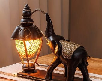 Lámpara de elefante tallada en madera / Lámpara de mesa de elefante de madera / Lámpara de escritorio única con forma de elefante / Lámpara de madera artesanal / Decoración rústica para el hogar