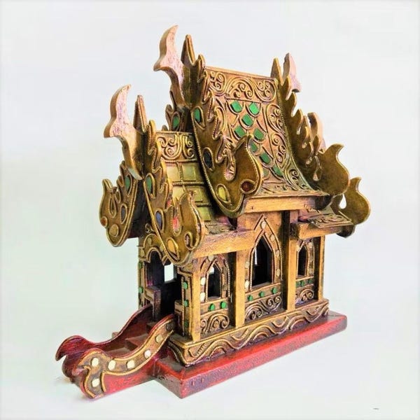 Handcrafted Wooden Spirit House with Colored Glass, Thai Traditional Shrine, Outdoor Decorative Altar, Sacred Home Decor for Garden or Shelf