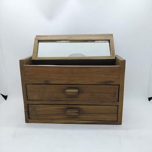 Pudełko na biżuterię z drewna tekowego z 2 szufladami i składanym lustrem, Pudełko na biżuterię z drewna tekowego, Drewniane pudełko na biżuterię vintage ze składanym lustrem