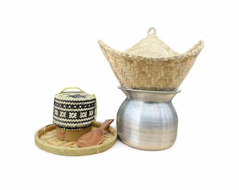 Bamboo Sticky Rice Steamer Set Traditional Thai Kitchen Cookware Natural Handmade Steaming Basket Pot Eco Friendly Gift