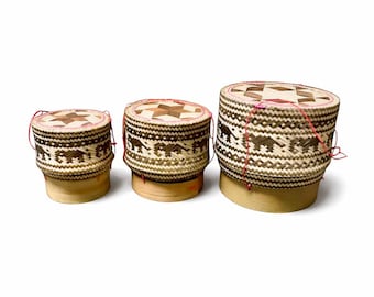 Handmade Sticky Rice Basket with Elephant Pattern Thai Bamboo Woven Container Traditional Kitchen Decor Rustic Asian Style Storage Basket