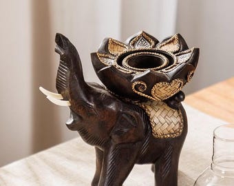 Carved wooden elephant sculpture with candle glass, Antique candle holder, Vintage candle holder, Wooden elephant candle holder