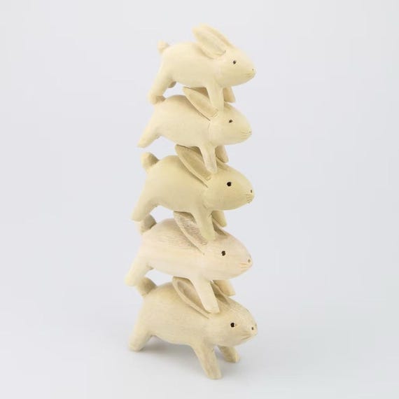 木製ウサギの置物5体セット 木彫りウサギ 5 個セット | 木製ウサギの置物 | クリスマス ギフト