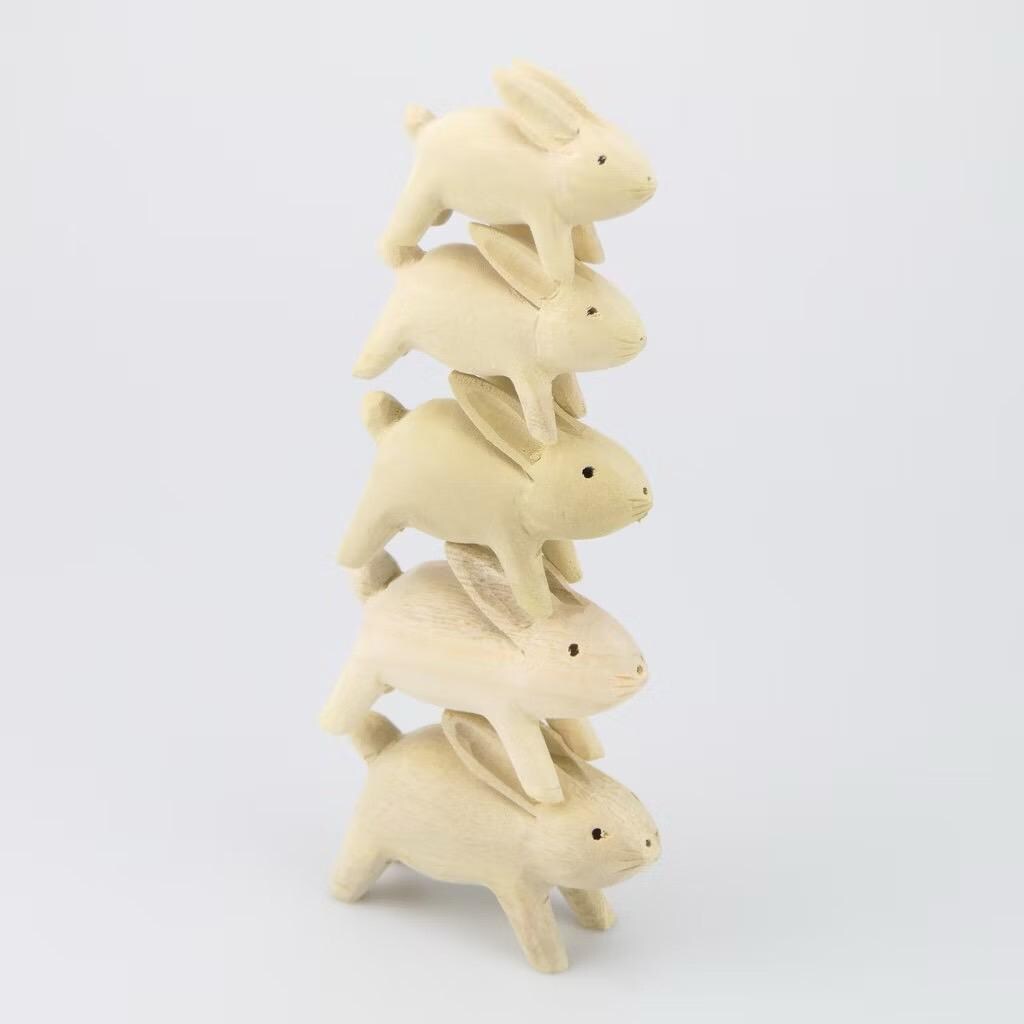 木彫りウサギ 5 個セット | 木製ウサギの置物 | クリスマス ギフト