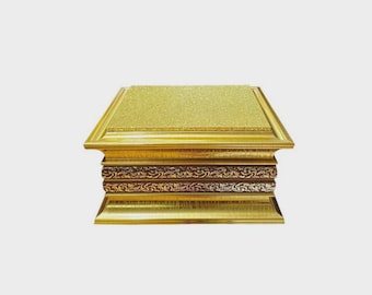 Buddha Statue Stand with Sparkling Gold Fabric, Buddhist Altar Decor, Meditation Shrine Display, Golden Buddha Stand, Temple Decor