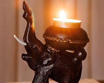 Handcrafted Wooden Elephant Tea Light Candle Holder