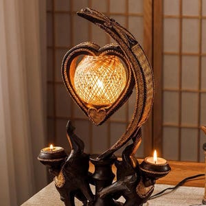 Elephant lamp, tabletop lamp, carved wooden bamboo lamp, Wooden Carved elephant lamp, Lamp and candle holder, lighting for bedroom