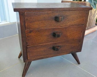 Minimalist Teak Wood Cabinet – Small 3 Drawer Organizer Box, Handmade Wooden Storage, Desk or Dresser Drawer Unit, Rustic Cabinet